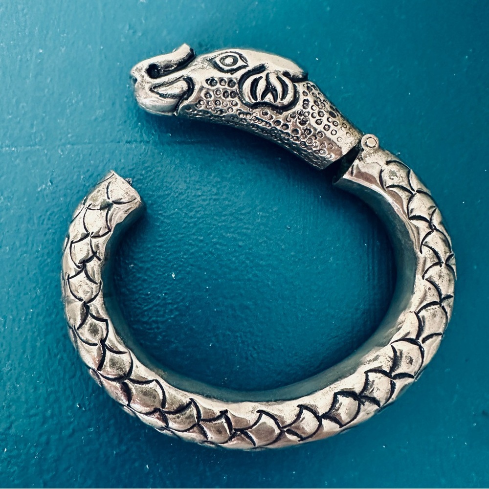 Vintage Artisan Elephant Snake Oxidized Sterling Silver Bangle Bracelet, Rare - Picture 3 of 9